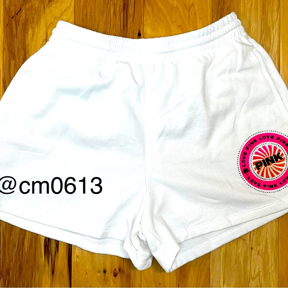 VS PINK BLING TROPICAL PALM TREE LIMITED EDITION SHORTS IN WHITE